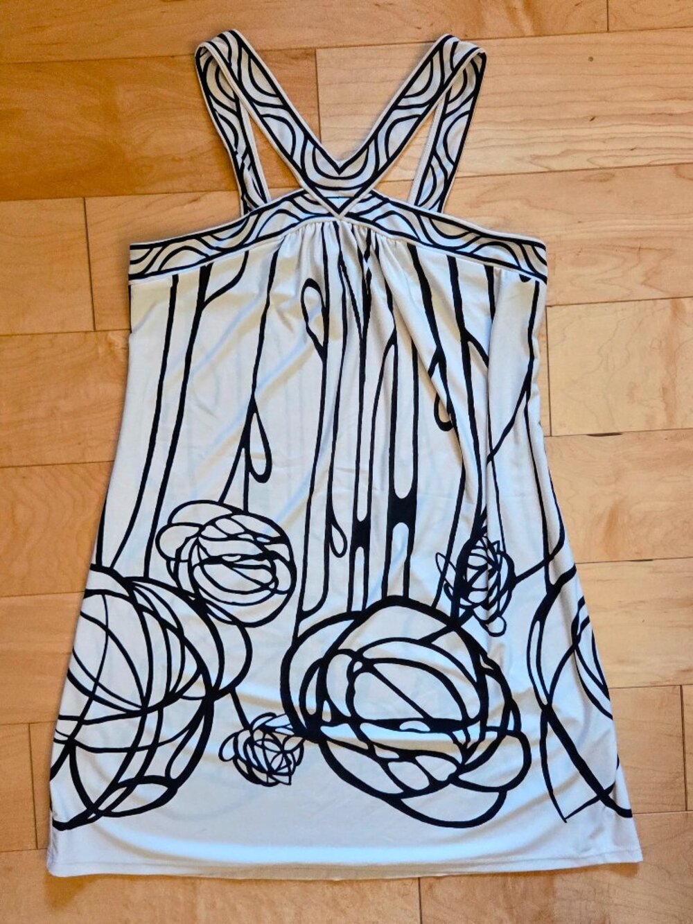 BCBGMAZRIA [FIT S 4 6 M] Graphic Sleeveless Black White Dress Art Nouveau Floral